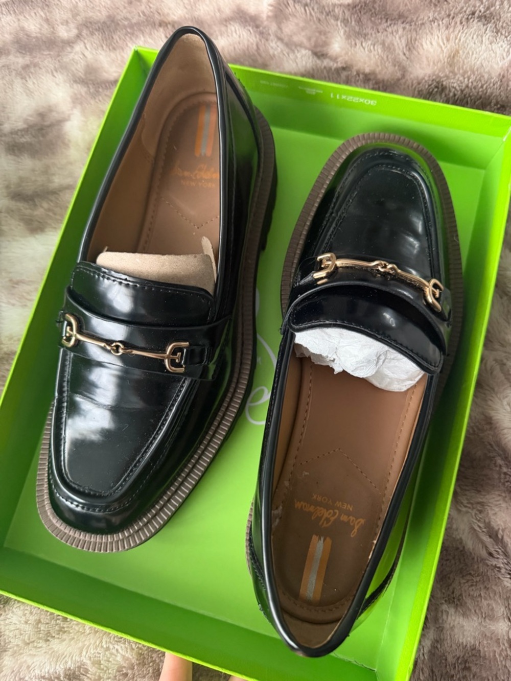 Sam Edelman Black Patent Leather Bit Loafers with Gold Hardware